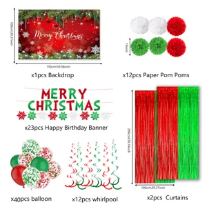 Kit complet de décoration de fête de Noël avec fond, pompons, bannière, ballons et rideaux.