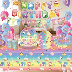 Cute squishy toy theme party decoration set with balloons, plates, cups, and tablecloth.