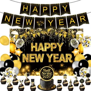 Neujahrs-Party-Dekorationsset mit schwarz-goldenen Bannern Hintergrund und Ballons für 2027.