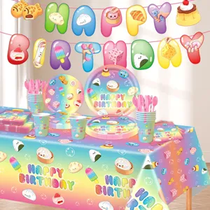 Cute cartoon food themed birthday party decoration set with tableware, banner, and tablecloth.