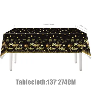 Schwarze goldene Frohes Neues Jahr Party Tischdecke, 137x274cm wasserdichte Festtischdeko.