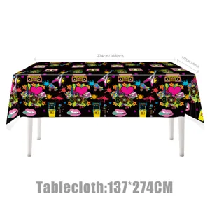 Retro 80er Jahre Party Tischtuch, 137x274cm rechteckige Tischdecke für Dekorationen.