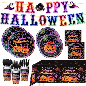 Halloween Neon Kürbis Party Geschirr Einweg Papierteller Becher Servietten Tischdecke Banner Für Gruselige Festliche Versammlung Dekoration