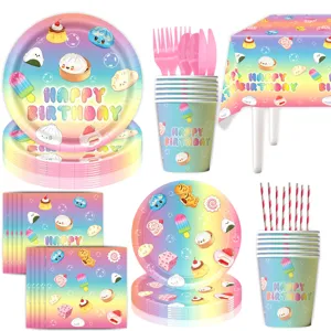 Kawaii food birthday party tableware set paper plates cups napkins tablecloth for celebration.