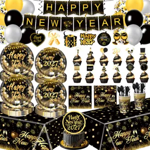 Schwarzes und goldenes Frohes Neues Jahr 2027 Party Deko Set mit Tellern und Bechern.
