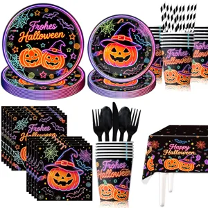 Halloween Party Geschirr Set Neon Kürbis Pappteller Becher Servietten Tischdecke Deko