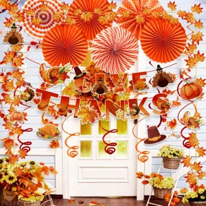 Thanksgiving Party Deko Set Szene mit Papierfächern, Ahornblättern und Bannern für Events.