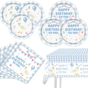Blaues Gänse Thema Partygeschirr Set mit Papptellern, Servietten und Tischtuch für Geburtstage.
