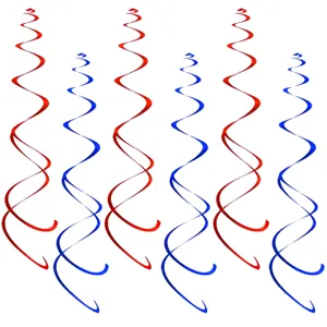 Nahaufnahme von roten und blauen spiralförmigen Party-Hängedekorationen für feierliche Anlässe.