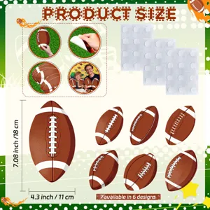 Detailed view of football party cutout decorations showing exact sizes and glue dots.