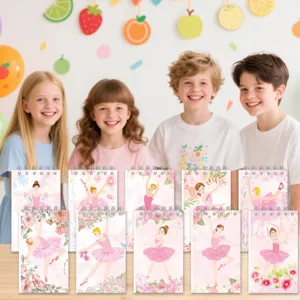 Close-up display of spiral notebooks featuring cute pink ballet dancer and floral art designs.