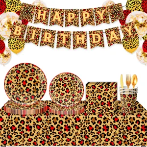 Rotes Leopardenmuster Geburtstag Party Geschirr Set Pappteller Becher Servietten Banner Ballons Kuchen Topper Strohhalme Tischdecke Für Geburtstag Feier Tischdeko Bedarf