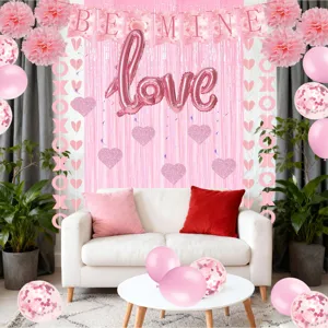 Rosa Valentinstag Party Deko Set Foto mit Banner Luftballons und runden Papierpompons