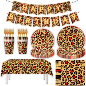 Rotes Leopardenmuster Partygeschirr Set mit Geburtstag Banner, Teller und Bechern