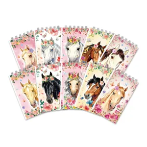 Detalle cuaderno espiral caballo acuarela, lindo diseño animal floral, diario de estudiante