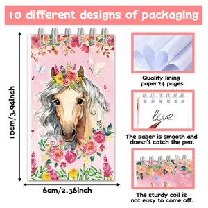 Mini cuaderno de espiral con caballo floral y páginas rayadas, diario portátil para estudiantes.