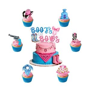 Geschlechterenthüllung Party Tortenaufsatz Set mit Cowboy Stiefeln und Schleifen für Babyparty.