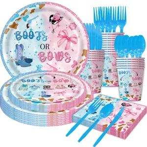 Boots oder Bows Geschirr Set für Gender Reveal Party mit Tellern Bechern und Servietten.