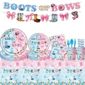 Western Cowboy Boots Or Bows Gender Reveal Party Zubehör Hintergrund Banner Pappteller Tassen Servietten Set Tischdecke Strohhalme Dekorationen