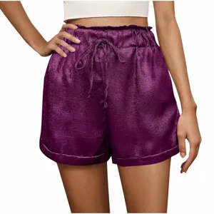 Women's purple satin casual shorts high waist drawstring relaxed fit summer daily wear