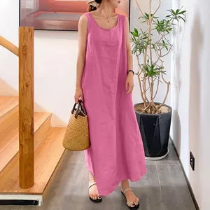 Scene detail of women casual pink sleeveless loose long linen dress, elegant summer wear.