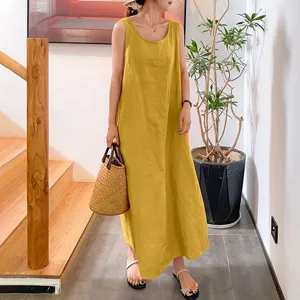 Women's summer casual sleeveless cotton linen long dress solid color loose maxi dress detail view.