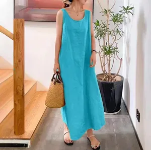 Women summer casual sleeveless linen maxi dress loose crew neck long slip dress for daily wear