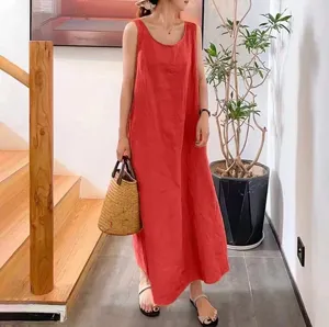 Detailed view of women's red sleeveless linen long dress, casual loose fit and elegant round neck.
