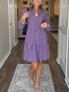 Shop stylish V-neck purple geometric print tiered dress, perfect for casual and chic everyday wear.
