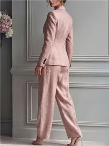Pink women suit set, casual single-breasted blazer and trousers, elegant daily wear style.