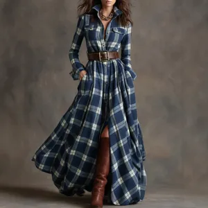 Plus size vintage plaid maxi shirt dress with belt, chic casual long sleeve autumn dress.
