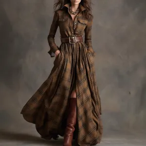 Vintage plaid long sleeve maxi dress for women, casual button-down chic dress with belt.