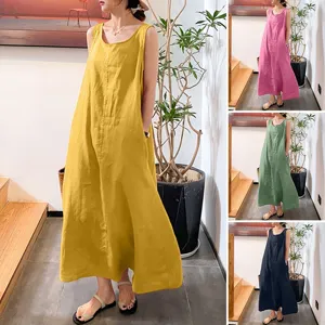 Women's Casual Cotton Linen Sleeveless Maxi Dress Elegant Round Neck Loose Patchwork Summer Long Dress With Pockets Solid Color Vacation Sun Dress