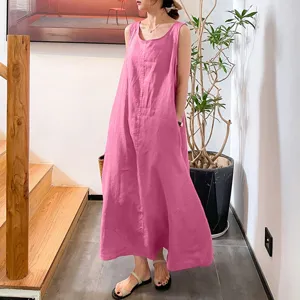 Summer casual sleeveless cotton linen maxi dress with pockets loose fit women apparel