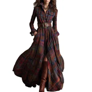 Women's French retro long sleeve plaid maxi dress with belt casual vintage clothing fashion