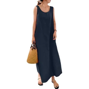Summer casual loose sleeveless round neck cotton linen maxi dress with pockets for women