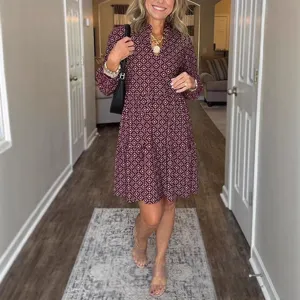 Women V-Neck Long Sleeve Geometric Print Tiered Dress Casual Fall Daily Outfit Chic