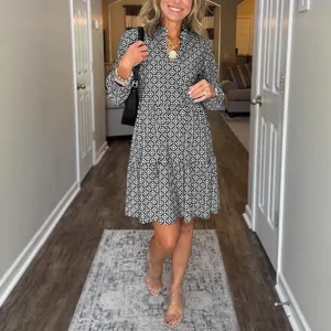 Women V-Neck Long Sleeve Geometric Print Tiered Dress Casual Chic Fashion Main View