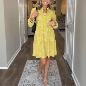 V-neck long sleeve geometric print dress for women casual elegant stylish daily wear fashion outfit