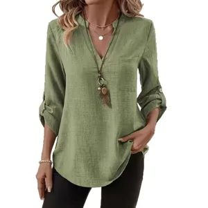 Chemisier Casual Femme Col V Manches Longues Poche Manches Enroulées T-Shirt Vert Olive