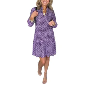 Women v-neck three quarter sleeve purple geometric print tiered midi dress casual wear.