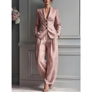 Women Fashion Casual Western Style Solid Color Single Breasted Blazer And Pants Top And Bottom Set For Office Daily Wear