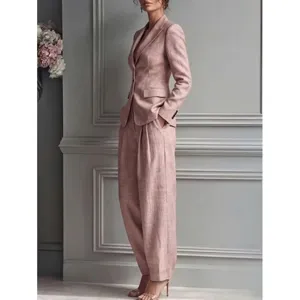 Elegant pink linen blazer and wide-leg trousers suit for modern women chic casual wear