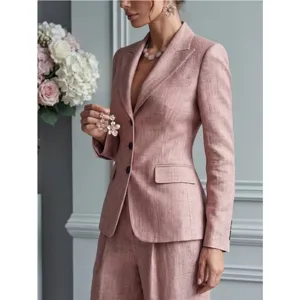 Pink textured suit blazer and pants set for women, elegant casual two piece outfit chic
