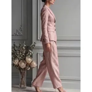 Women pink linen suit set single breasted blazer casual trousers elegant daily outfit