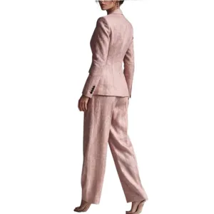 Pink blazer and trousers suit set for women, elegant casual two piece office wear outfit.