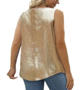 Summer sexy metallic gold sleeveless tank top for women, chic square neck pleated fashion apparel.