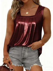 Sexy metallic square neck pleated sleeveless tank top for women summer fashion casual wear