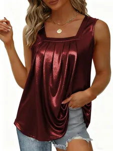 Detail view of women metallic shiny square neck pleated tank top casual sexy shirt