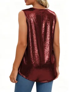 Back view detail of a stunning red sequin sleeveless tank top paired with blue jeans.